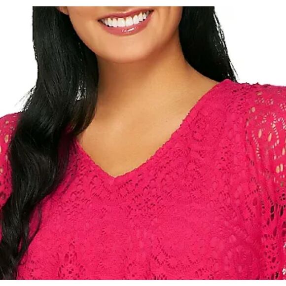 Susan Graver Womens 3X 2 Pc Jacquard Lace Scarf Top w/ Knit Tank Top Fuchsia NWT - Picture 2 of 6